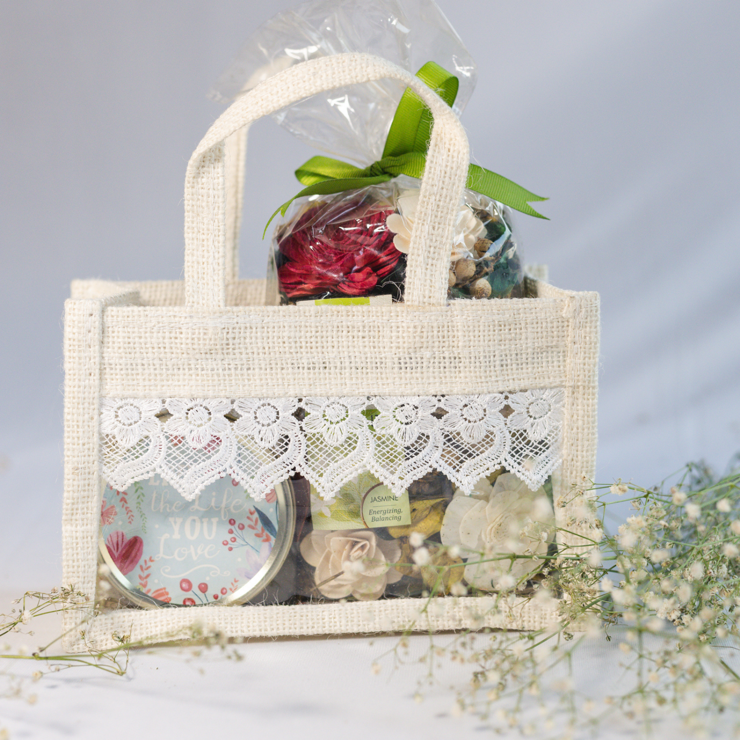 Gift Set of Lavender Scented Tin Candle & Potpourri in Jute Bag