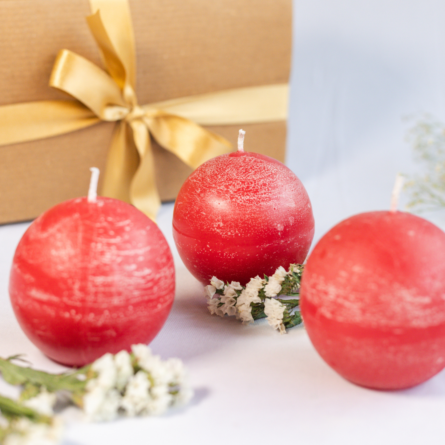 Set of 3 Rustic Finish Red Round Ball Candles