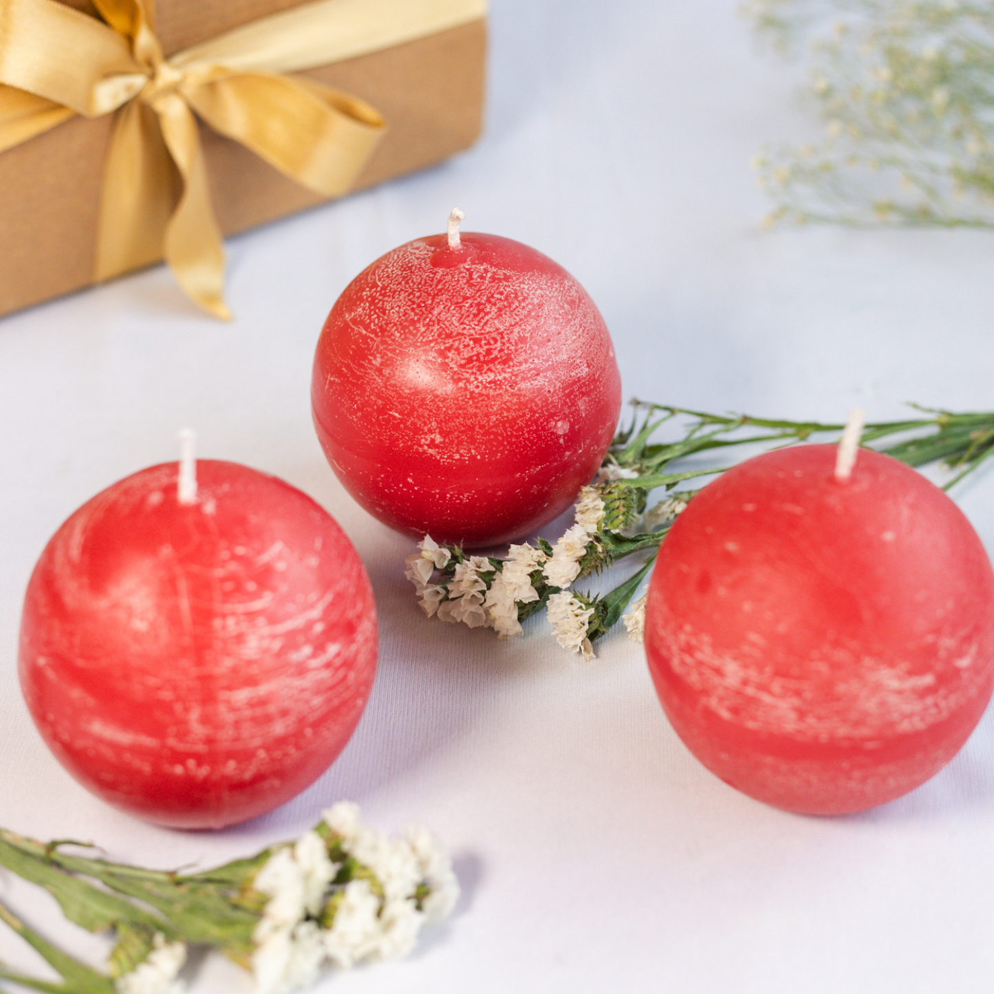 Set of 3 Rustic Finish Red Round Ball Candles