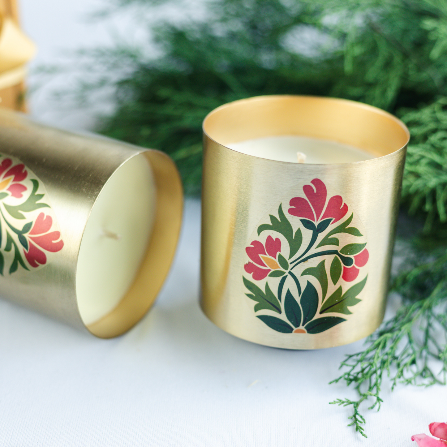 Set of 2 Floral Motif Metallic Jar Candles in Bakul & Parijat Fragrance