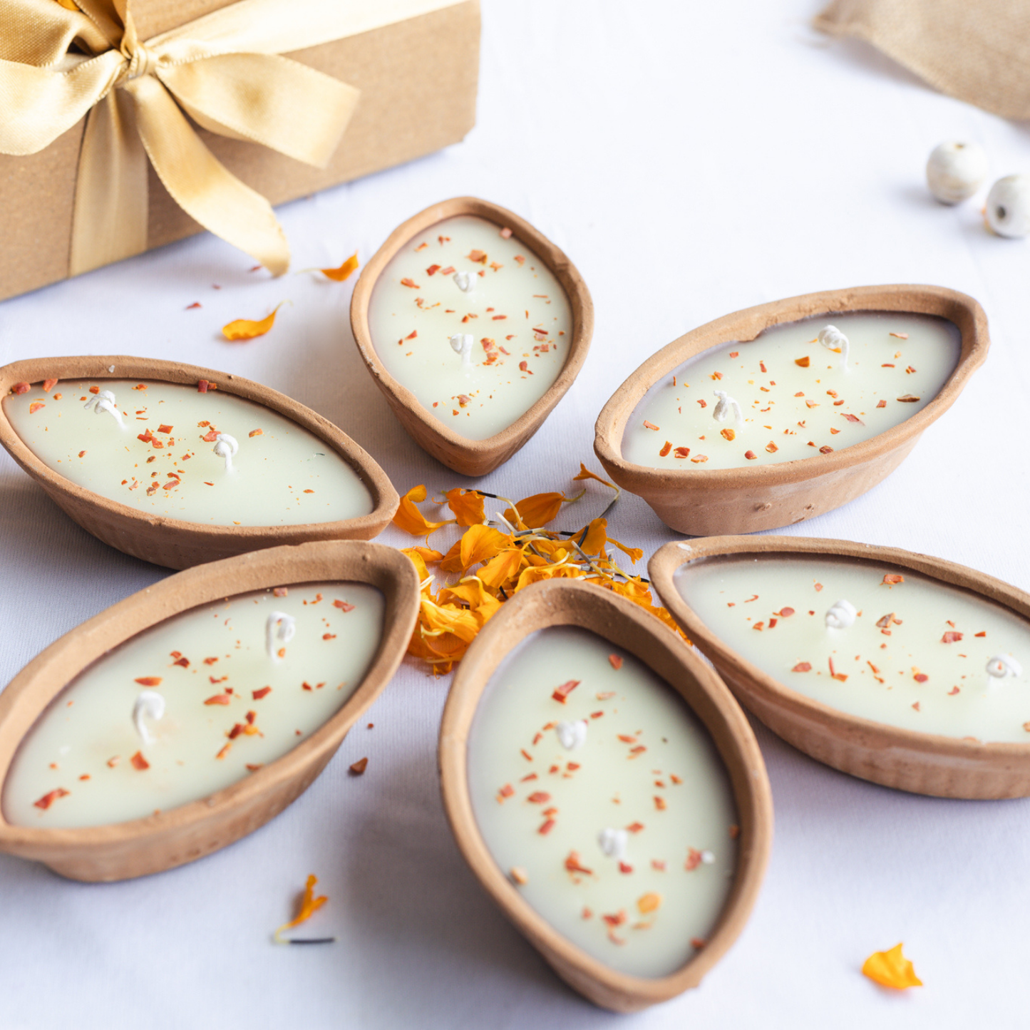 Set of 6 Boat Shape Mitti Diya in Sandal Fragrance