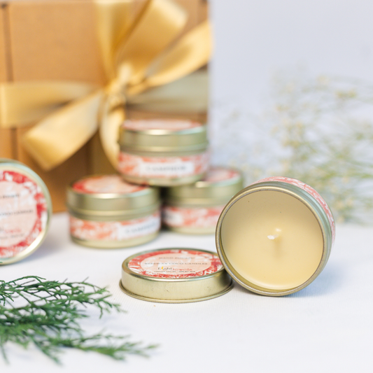 Set of 5 Tin Candles filled with Organic Coco Beeswax & Woody Camphor Fragrance