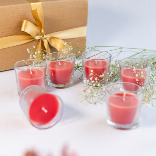 set of 6  Rose Scented Red  Glass Candles