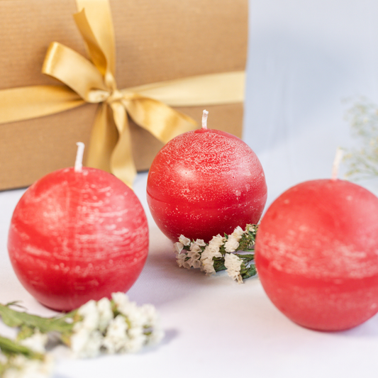 Set of 3 Rustic Finish Red Round Ball Candles