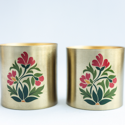 Set of 2 Floral Motif Metallic Jar Candles in Bakul & Parijat Fragrance
