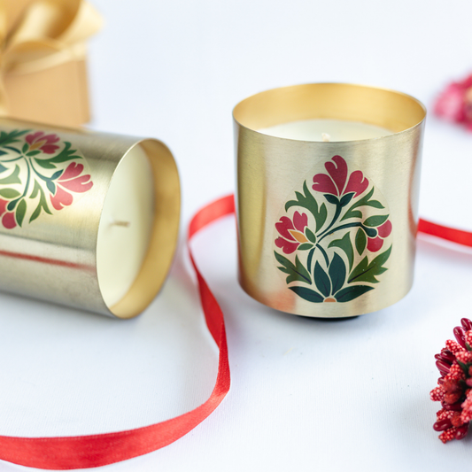 Set of 2 Floral Motif Metallic Jar Candles in Bakul & Parijat Fragrance