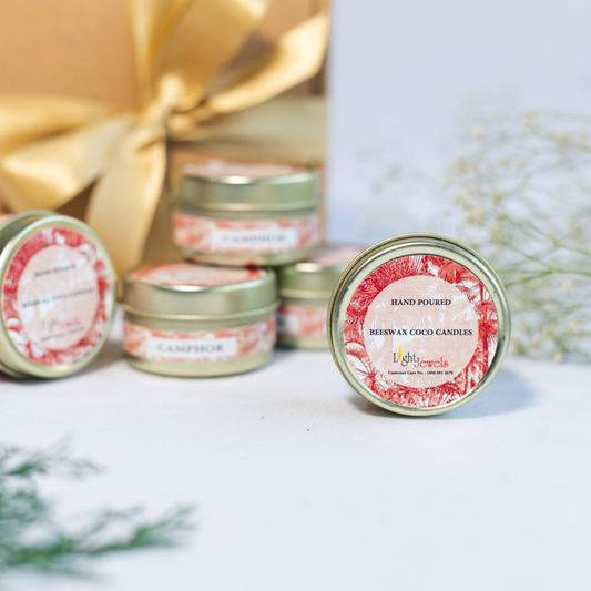 Set of 5 Tin  Candles filled with Organic Coco Beeswax & Woody Fragrance