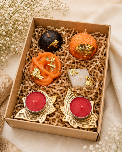 Mithai Candle Box & Metal Lotus T lite Holders