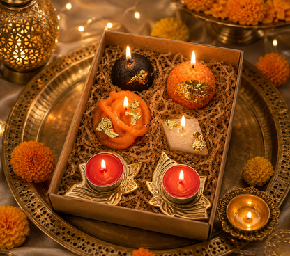 Mithai Candle Box & Metal Lotus T lite Holders