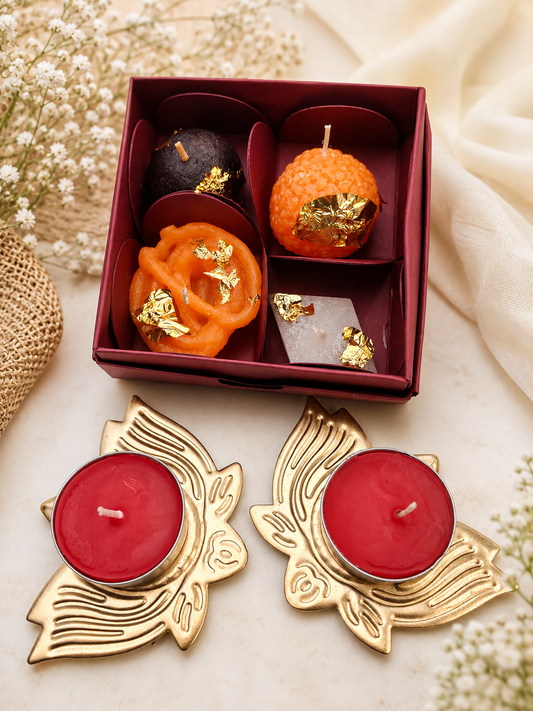Mithai Candle Box & Metal Lotus T lite Holders