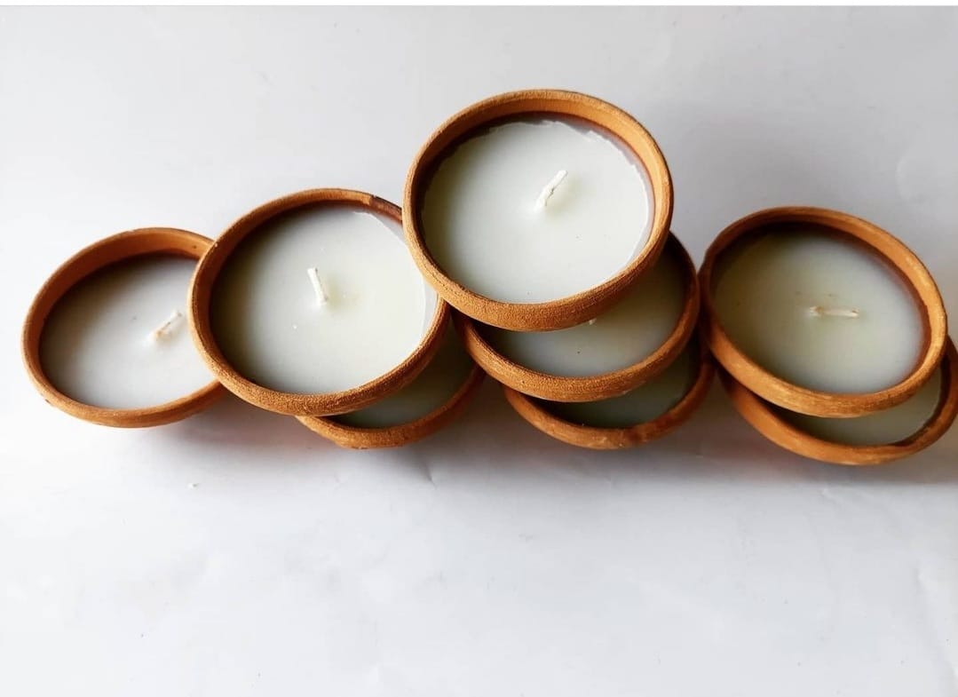 Set of 11 Unscented Wax filled Mitti Diyas