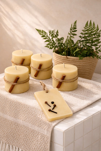 Gift Set of  4 Coco Beeswax Candles and 1 Orange Clove  Fragrance Bar
