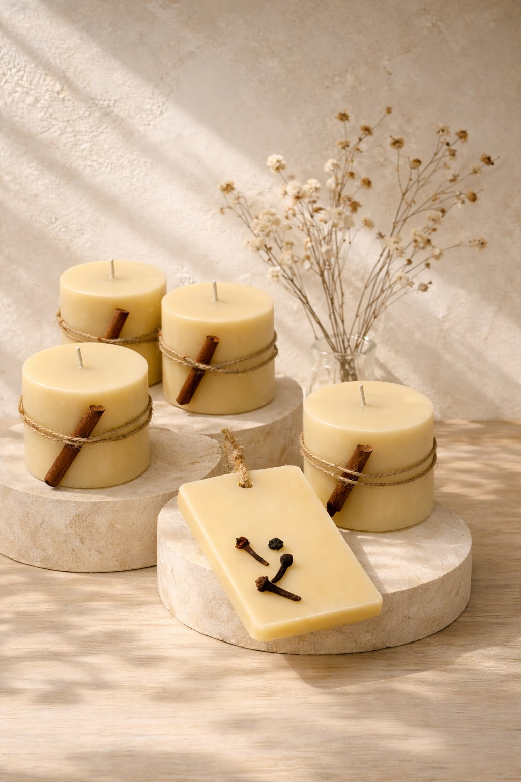 Gift Set of  4 Coco Beeswax Candles and 1 Orange Clove  Fragrance Bar