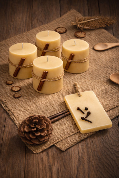 Gift Set of  4 Coco Beeswax Candles and 1 Orange Clove  Fragrance Bar