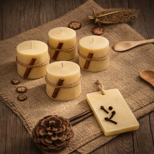 Gift Set of  4 Coco Beeswax Candles and 1 Orange Clove  Fragrance Bar