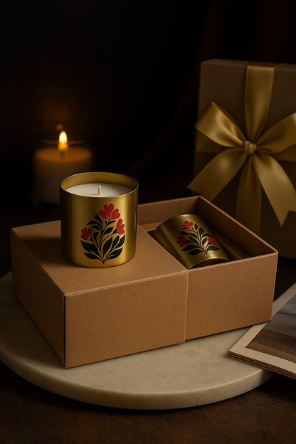 Set of 2 Floral Motif Metallic Jar Candles in Bakul & Parijat Fragrance