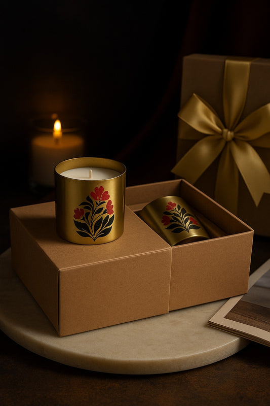 Set of 2 Floral Motif Metallic Jar Candles in Bakul & Parijat Fragrance