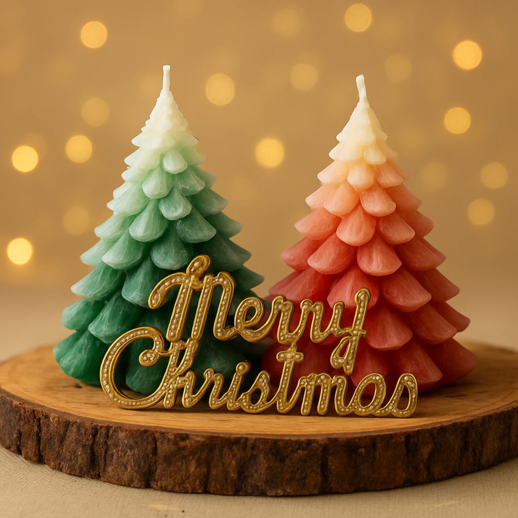 Set of 2 Shaded Red & Green Christmas Tree Candles