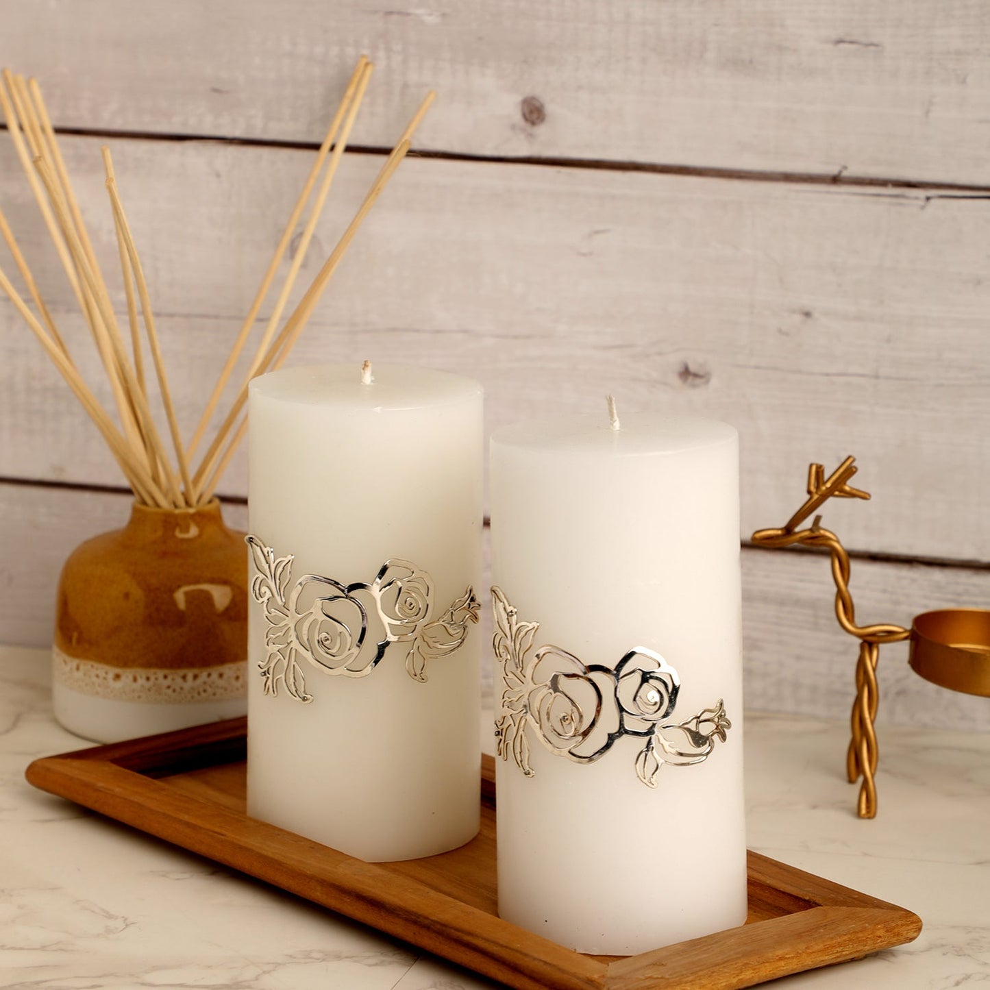 2 Candles with Silver Plated Brooch