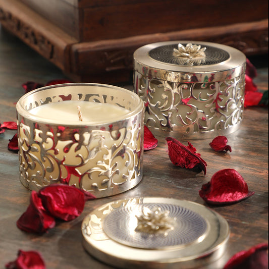 2 Small Silver Plated Lattice Work Scented Candles