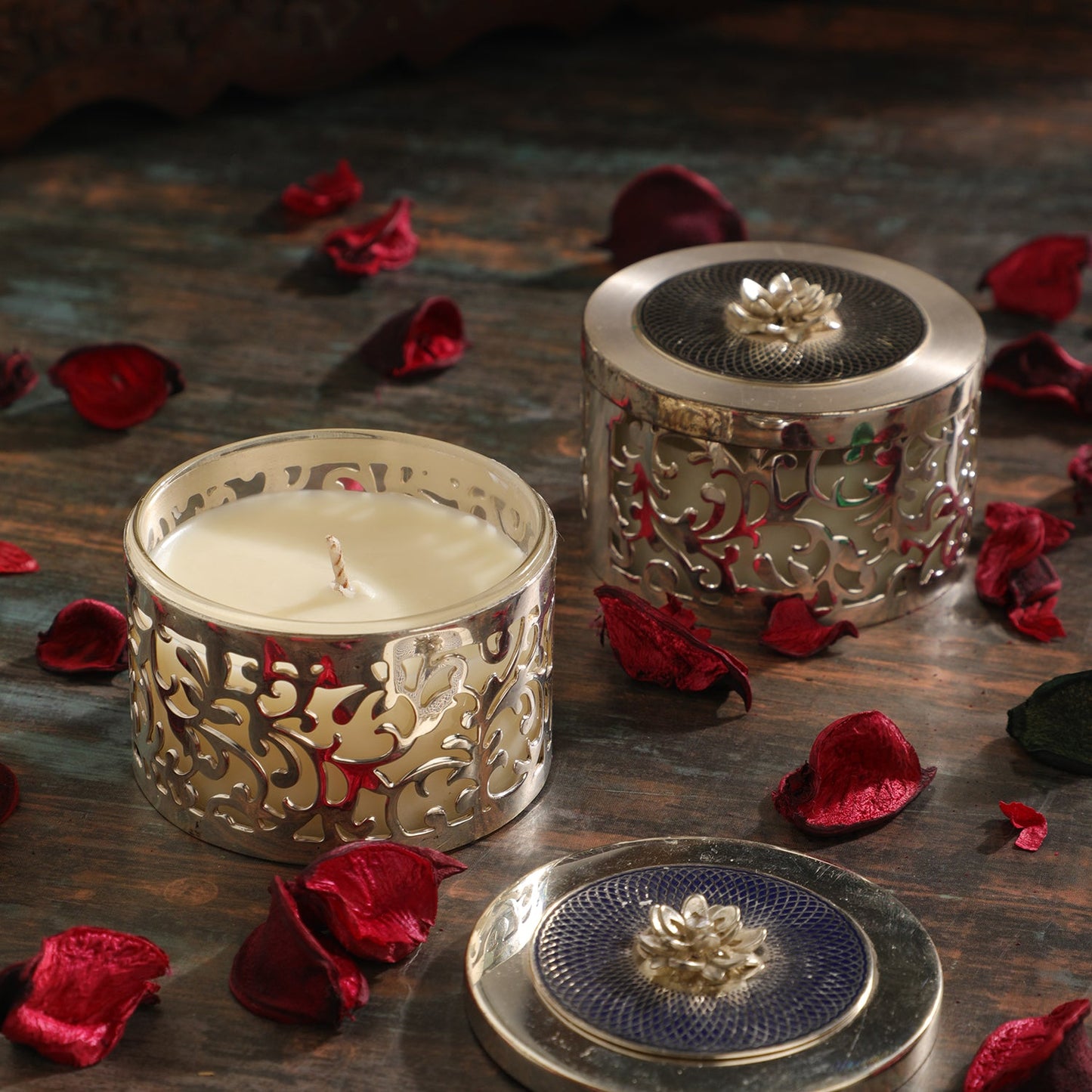 2 Small Silver Plated Lattice Work Scented Candles