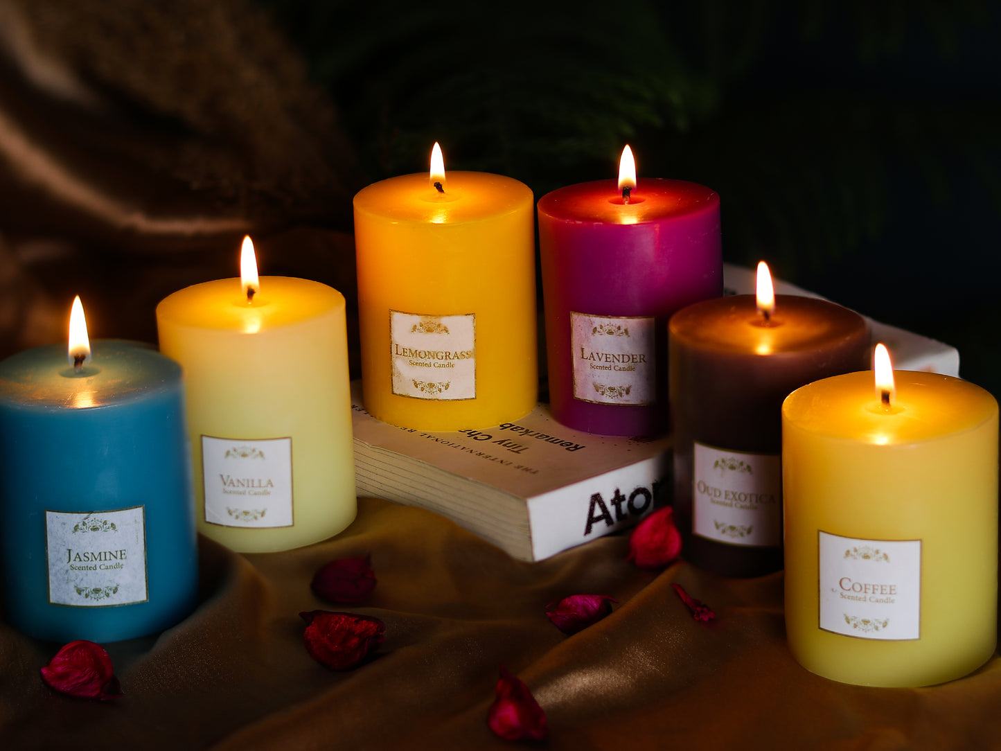 Set of 6 Scented Pillars-a bouquet of scents